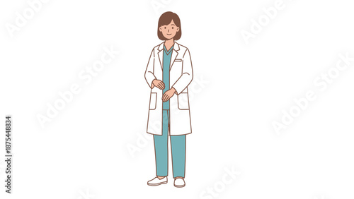 Female Doctor In White Lab Coat And Scrubs Standing Isolated