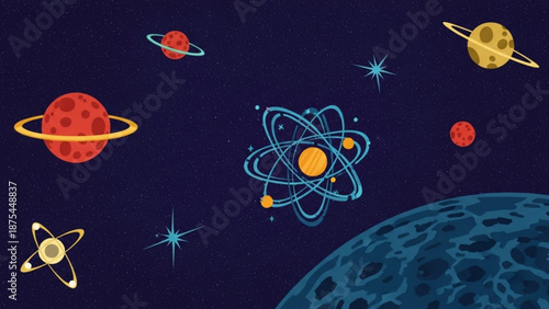 Colorful illustration of planets stars and atoms in space with a large moon in the foreground