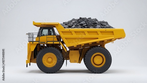 Yellow dump truck full of coal. Heavy dutry mining vehicle technology for quarry industry and construction transportation