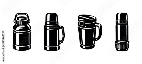 Insulated bottle vector icons set: flask, thermos, jug, travel mug collection