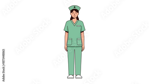 Female Nurse in Mint Green Scrubs Standing Isolated on White Background