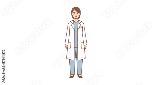 Female Doctor in White Lab Coat and Scrubs, Standing Professionally