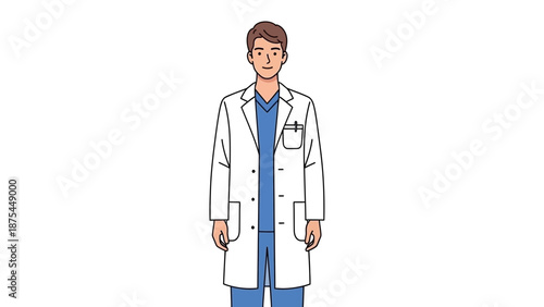 Male Doctor in Lab Coat Standing, Smiling, Medical Professional Illustration