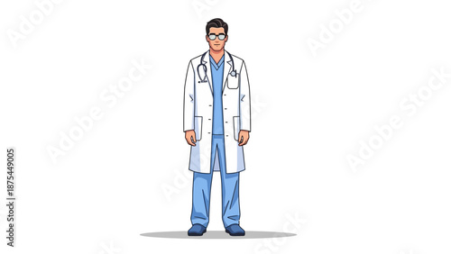 Male Doctor in White Lab Coat and Blue Scrubs, Stethoscope, Glasses