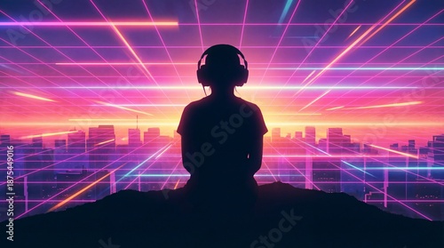Silhouette of a person wearing headphones with a retrowave grid and city skyline. Synthwave music concept for vintage 80s aesthetic