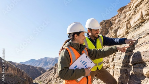 Woman and man engineers pointing rock layers. Geologists studying geological formation at quarry. Mining industry exploration and analysis