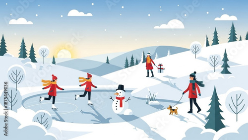 People ice skating on frozen pond in snowy landscape with snowman and dog