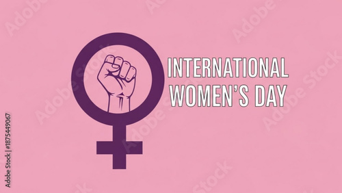 International women's day logo with raised fist in purple on pink background