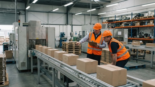 Two safety officers inspecting boxes on a conveyor belt in a warehouse. Facility management and quality control concept for distribution center