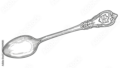 Detailed black and white engraving drawing of an antique sterling silver spoon featuring ornate floral engravings and a decorative crest handle design element.