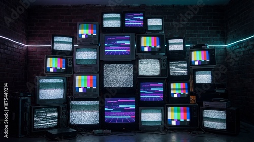 Tv wall featuring display glitch with multiple retro television sets. Retrowave concept for vintage media and digital art