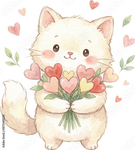 Watercolor Adorable Kitten Holding Bouquet of Heart Shaped Flowers Illustration