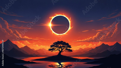Solar eclipse over serene landscape with lone tree and mountain range at sunset