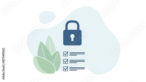 Secure checklist with padlock icon and green leaves, concept of data protection and privacy