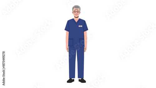 Senior Male Doctor in Blue Scrubs Standing Full Body - Medical Professional