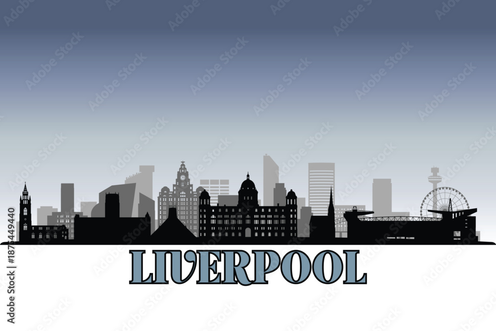 Fototapeta premium Global city Liverpool shown in a detailed vector skyline with grey rainy sky