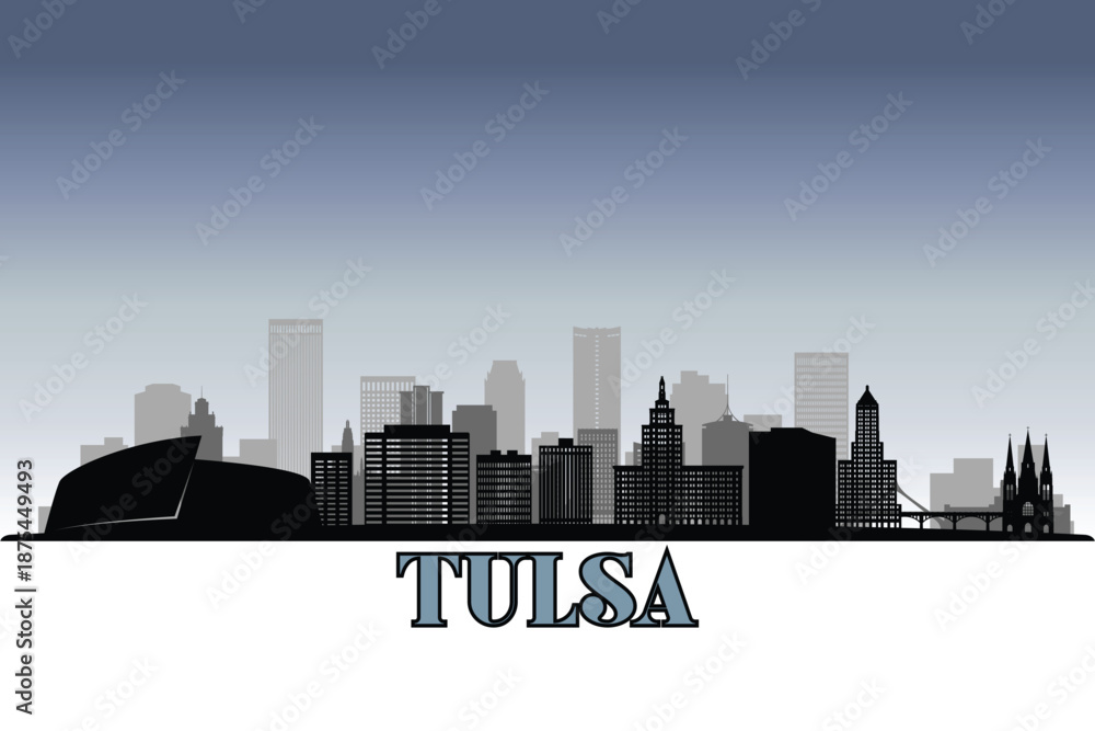 Fototapeta premium Global city Tulsa shown in a detailed vector skyline with grey rainy sky