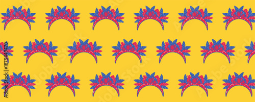 Carnival festival seamless pattern with feather headdress on yellow background, Brazilian carnival, Mardi Gras