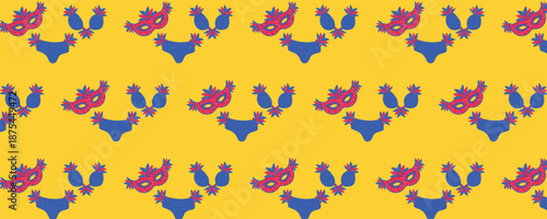 Carnival festival seamless pattern with feather headdress and female carnival costume on yellow background, Brazilian carnival, Mardi Gras