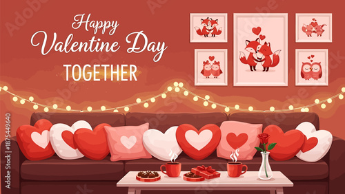 Cozy Valentine's Day scene with heart pillows and decorations