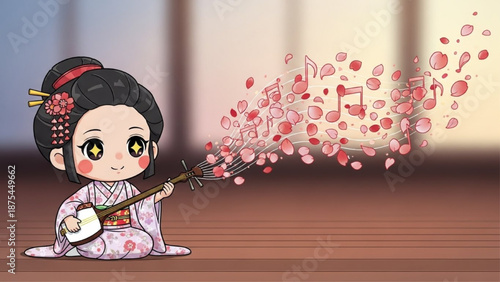 Geisha holding lucky symbols scroll