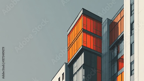 Modern Architecture Urban Building with Orange and Red Glass Windows with Grey Sky.