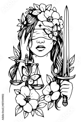 A black and white illustration of the goddess of justice with flowers and a sword