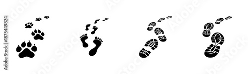 Footprint vector icons set: human, shoe, boot, animal tracks symbols