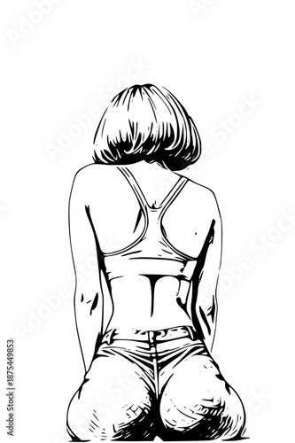 A minimalist black and white illustration of a woman sitting with her back to the viewer