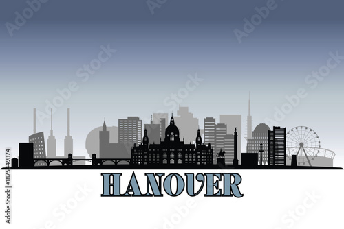 Global city Hanover shown in a detailed vector skyline with grey rainy sky