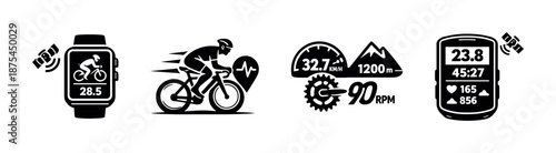 Cycling activity vector icons set with bike speed, gps, heart rate symbols