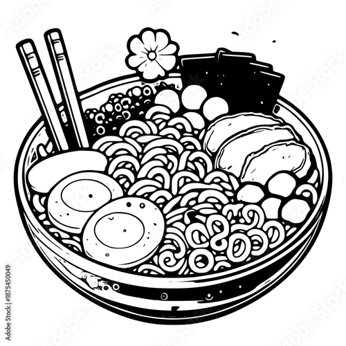 A black and white illustration of a bowl of ramen with chopsticks