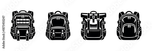 Backpack icons set: vector collection, hiking, travel, camping, adventure gear icons