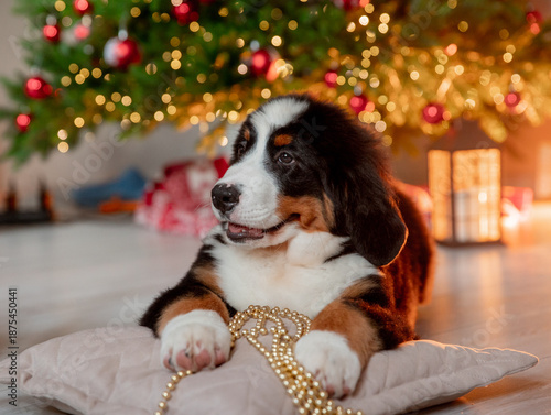 a funny fluffy Zennenhund puppy near a Christmas tree