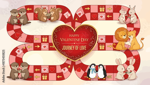 Valentine's Day journey of love with adorable animals on a heartwarming path