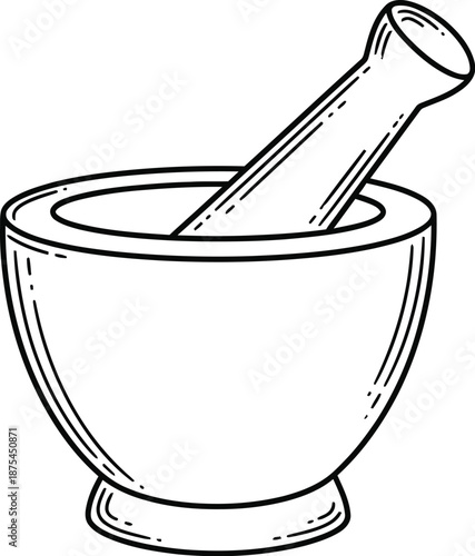 Simple black and white line art illustration of a traditional mortar and pestle isolated on a clean white background perfect for culinary or medicinal design concepts.