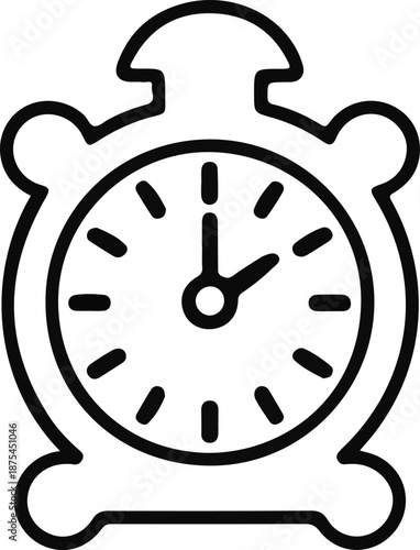 Alarm Clock Outline Time Icon, Simple black outline icon of an alarm clock showing time, representing wake up alerts, reminders, punctuality, scheduling, and daily time management concepts.

