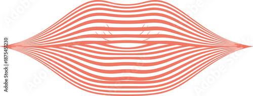 Abstract vector illustration of coral red lips made of wavy stripes, modern geometric mouth icon for beauty, makeup, and fashion logo design.