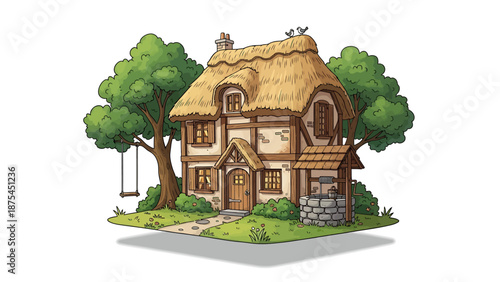Whimsical cottage with thatched roof and lush greenery around