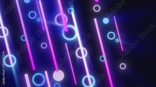 Vibrant neon abstract background with glowing lines, circles, and geometric shapes