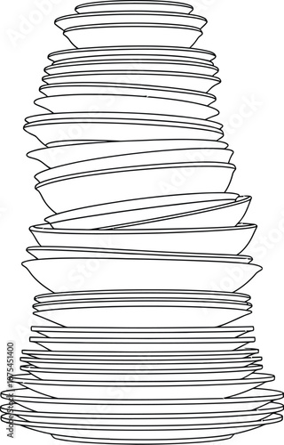 Towering stack of assorted clean kitchen dishes and bowls carefully balanced vertically in a simple black and white line art drawing illustration