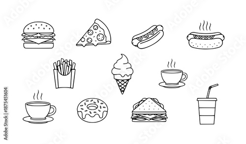Fast Food Line Icon Set Vector with Burger, Pizza, Hot Dog, Fries, Kabab, Ice Cream, Coffee, Donut, Sandwich