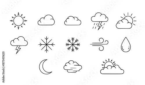 Playful Weather Icon Vector Set in Line Style for Sun, Clouds, Rain, Snow, and Wind