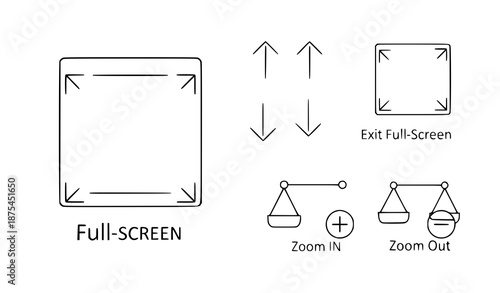 Minimal Full Screen and Exit Full Screen Icons Vector Set in Flat Black Style