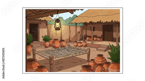 Traditional clay pots and plants in rustic village courtyard with thatched roof huts