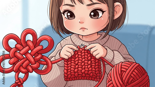 Cute girl knitting red lucky knot