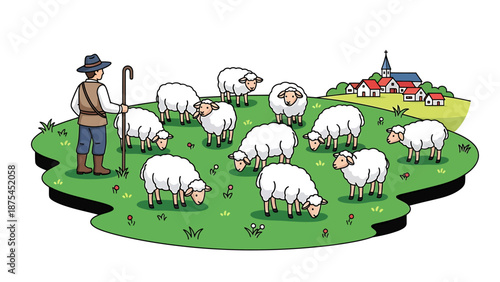 Shepherd watching over flock of sheep in green pasture near village