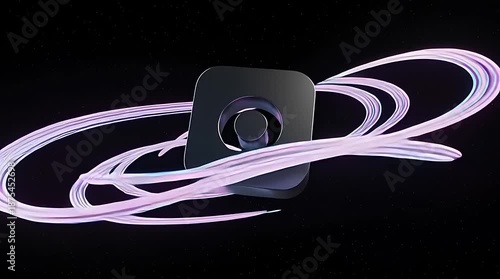 Futuristic neon light trails orbit sleek device core.