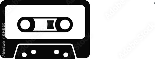 Cassette Tape Audio Player Icon, Black silhouette icon of an audio cassette tape, symbolizing analog music playback, retro sound recording, vintage media formats, and classic audio technology.

