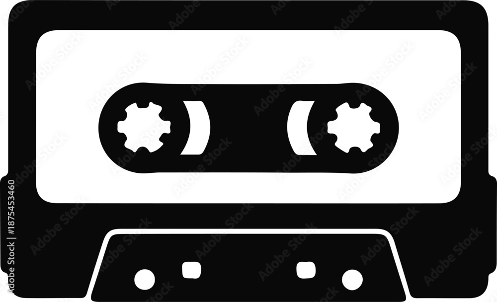 Naklejka premium Audio Cassette Tape Retro Music Icon, Black silhouette icon of an audio cassette tape, representing analog music recording, mixtapes, retro media, and classic sound technology.